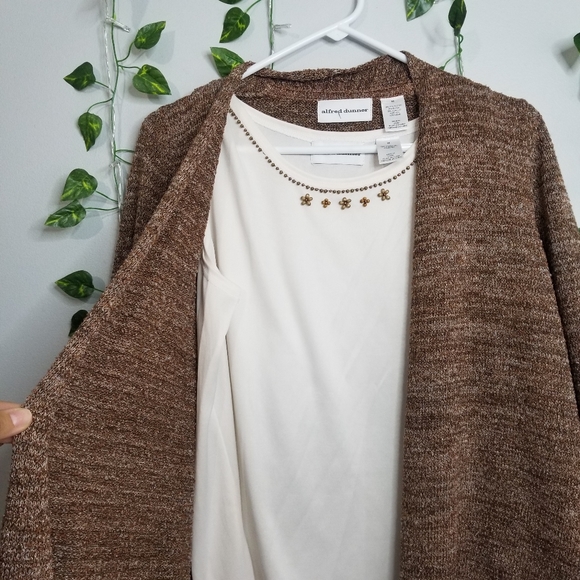 Alfred Dunner Brown Marled Open Front Cardigan 3/4 Sleeve Twin Set Beade… - Picture 3 of 12